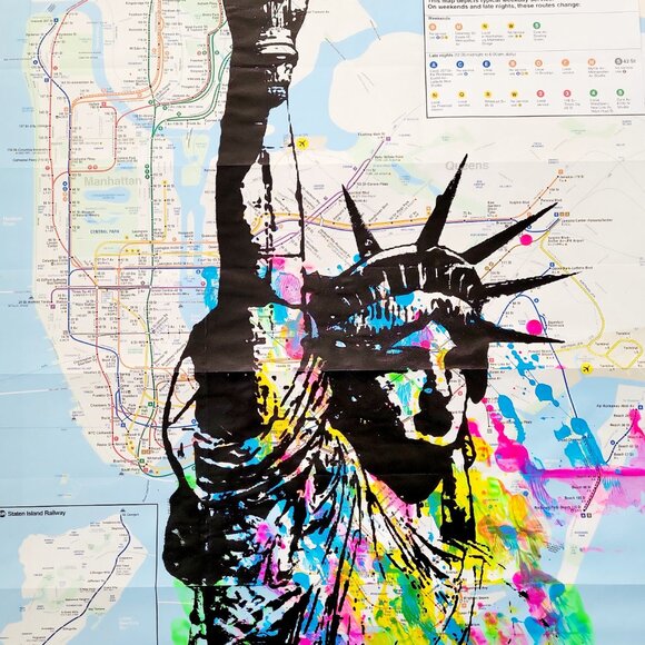 Handmade Other - Handpainted Statue of Liberty Unique Acrylic Art painting on a NYC Subway map